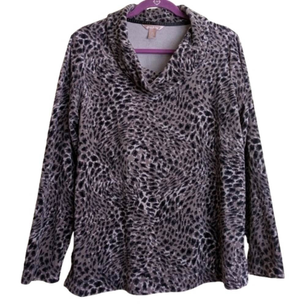 White Stag Velour Top Tunic Leopard Print Cowl Neck Black Gray Size Large